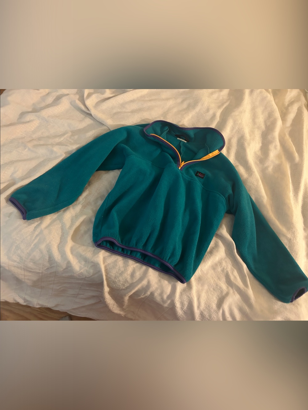 Vintage REI Teal Fleece Pullover with Purple Trim and Yellow Zipper